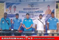 Pengurus Karteker DPD II KNPI Kabupaten Mimika bersama Kabid Kepemudaan Dispora Kabupaten Mimika, David Kangopme dalam pertemuan rekonsiliasi dan konsolidasi Pemuda dengan seluruh pengurus OKP, yang diselenggarakan di Caffee Ceko, Timika, Jumat (19/6/2026) (karapauwnews.com/Foto: KNPI Kabupaten Mimika)